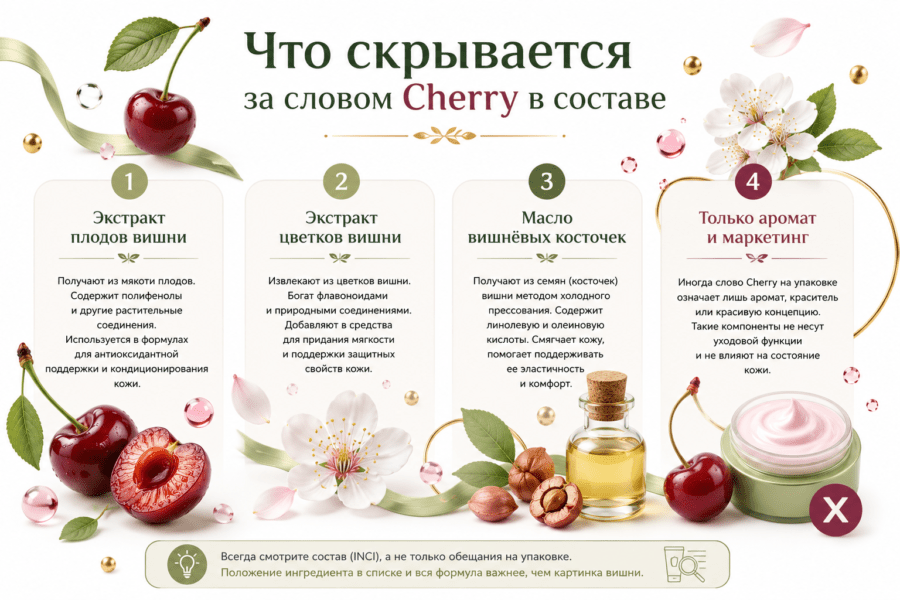 Что означает Cherry в составе косметики: экстракт плодов, цветков и масло вишнёвых косточек