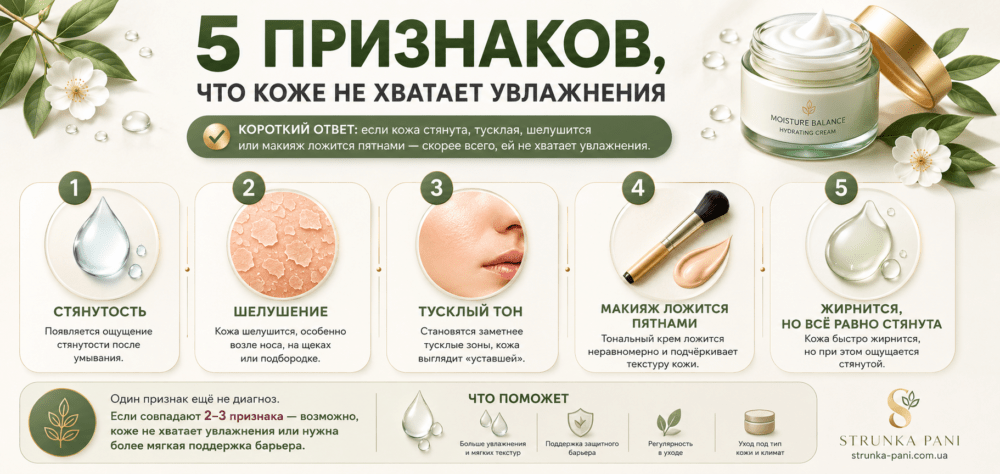 Инфографика 5 признаков что коже не хватает увлажнения: стянутость, шелушение, тусклый тон и макияж пятнами