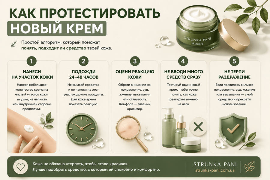 Инфографика как протестировать новый крем для лица: тест на коже, ожидание 24–48 часов и проверка реакции