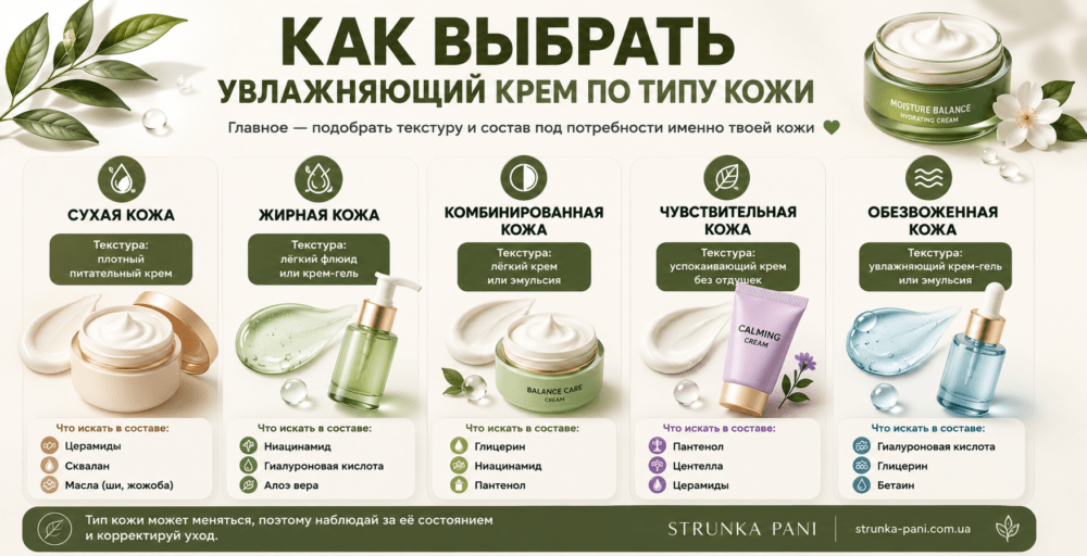 Инфографика как выбрать увлажняющий крем по типу кожи: сухая, жирная, комбинированная, чувствительная и обезвоженная кожа