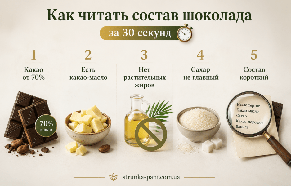 Как читать состав шоколада за 30 секунд — инфографика с признаками качественного шоколада, какао от 70%, какао-маслом и коротким составом