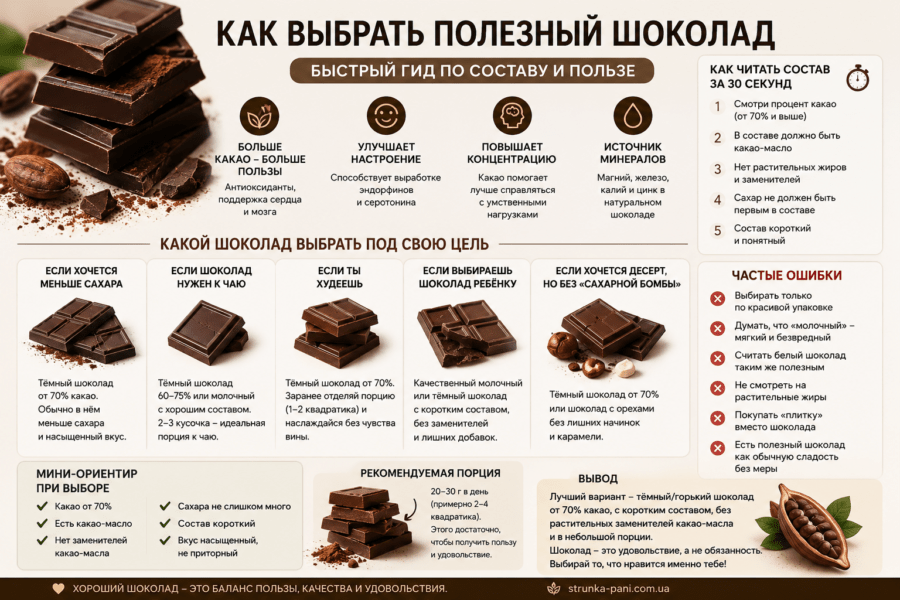 Как выбрать полезный шоколад — инфографика о составе, проценте какао, норме в день и частых ошибках при выборе шоколада