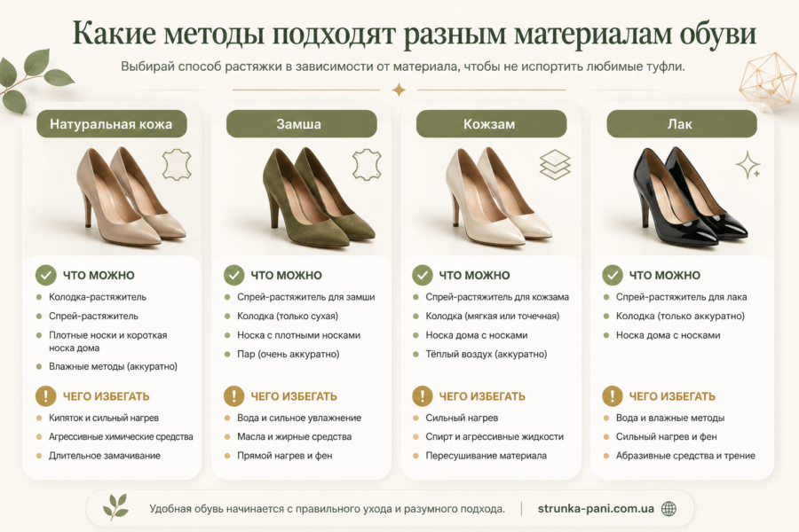 Какие методы подходят разным материалам обуви — инфографика о растяжке кожаной, замшевой, лакированной обуви и кожзама