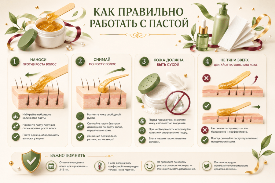 Инфографика как правильно наносить и снимать пасту для шугаринга дома