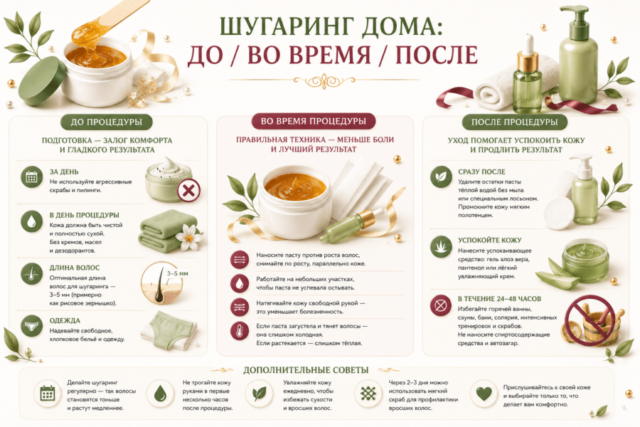 Инфографика о шугаринге дома: что делать до процедуры, во время удаления волос и после для ухода за кожей