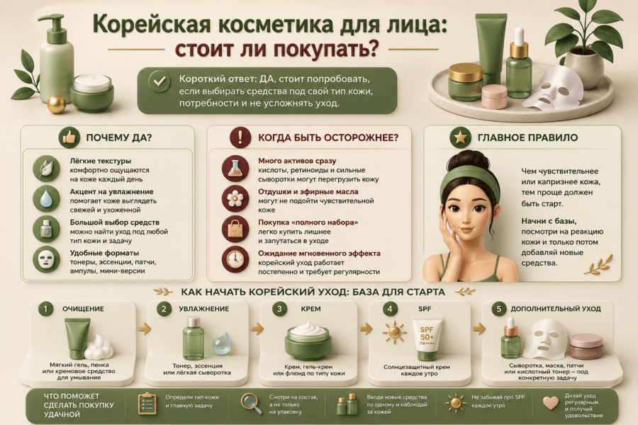 Инфографика о корейской косметике для лица с плюсами, советами по выбору и базовыми этапами ухода