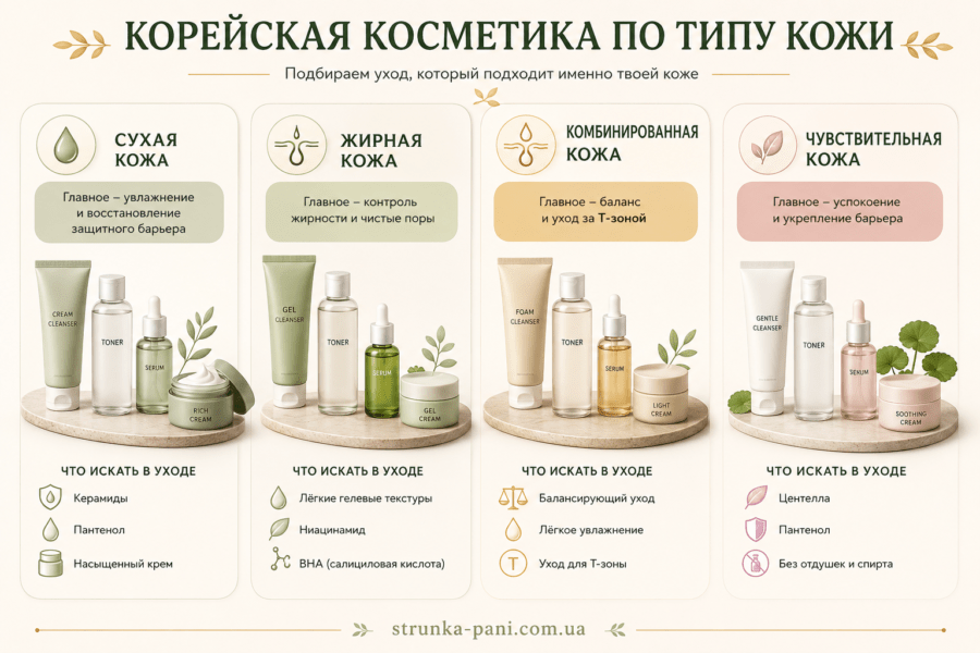 Инфографика о выборе корейской косметики по типу кожи: сухая, жирная, комбинированная и чувствительная кожа