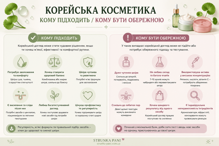 Інфографіка кому підходить корейська косметика для обличчя і кому варто бути обережною