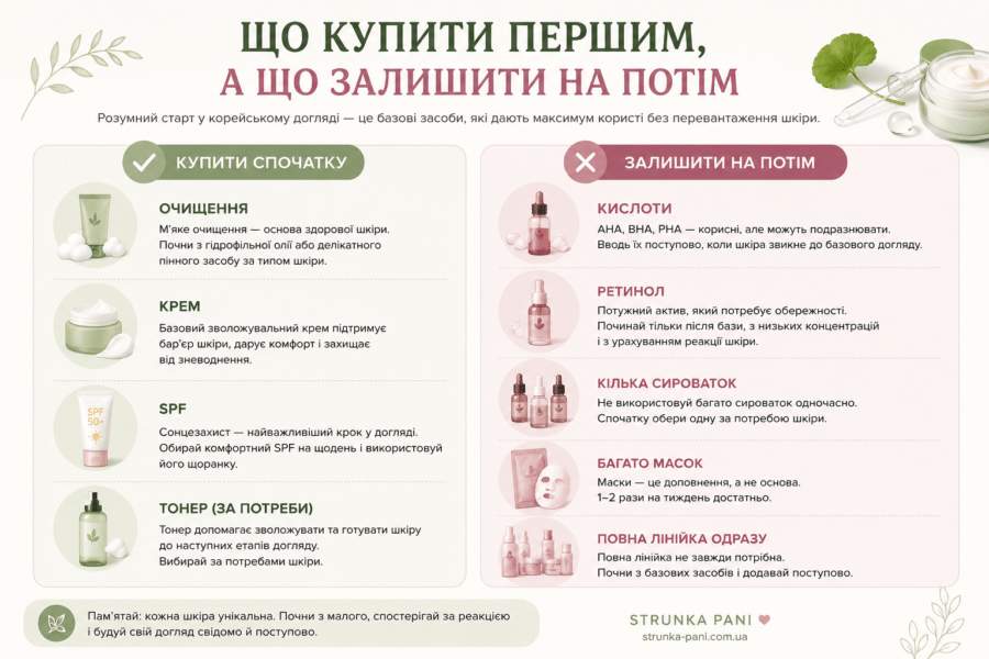 Інфографіка що купити першим у корейському догляді за обличчям і що залишити на потім