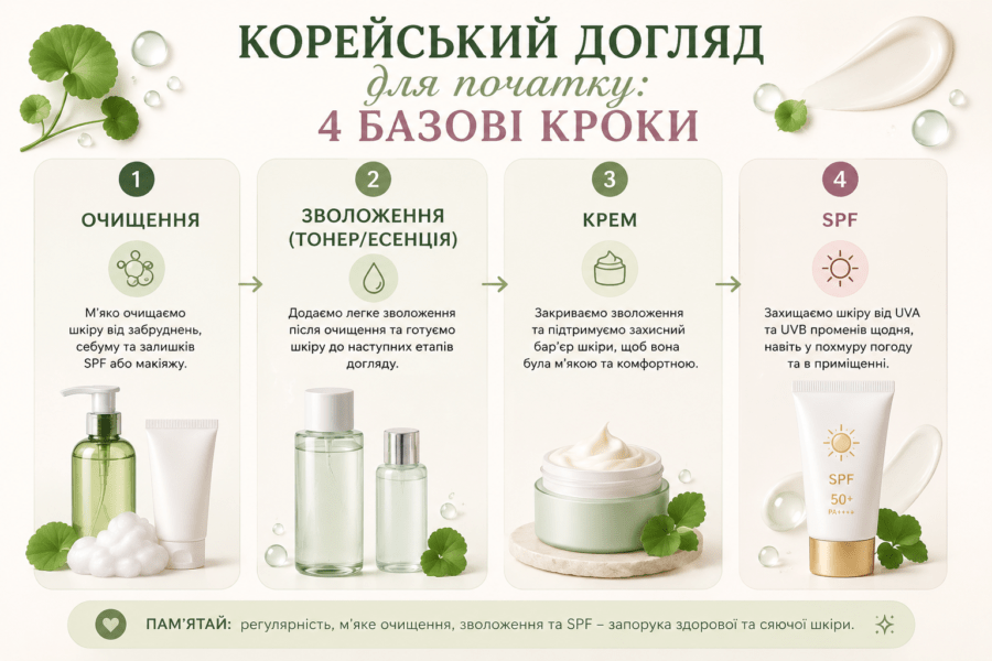 Інфографіка про 4 базові кроки корейського догляду за обличчям: очищення, зволоження, крем і SPF