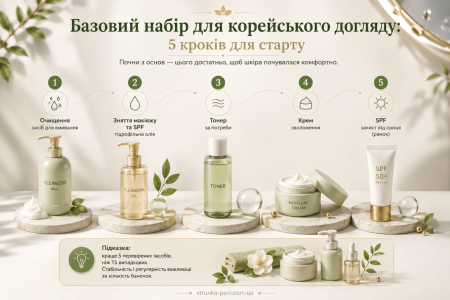 Інфографіка про базовий набір для корейського догляду: очищення, зняття макіяжу та SPF, тонер, крем і SPF
