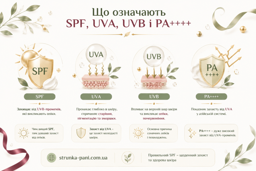 Інфографіка з поясненням SPF, UVA, UVB і PA++++ простими словами