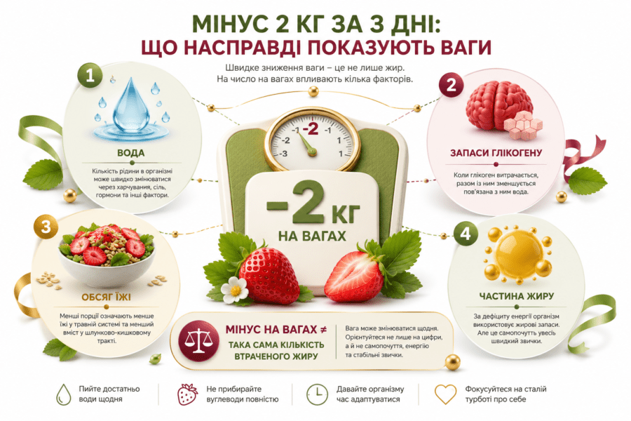 Інфографіка про те, з чого складається мінус 2 кг за 3 дні: вода, глікоген, обсяг їжі та частина жиру