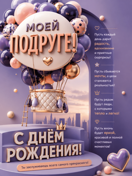 3D-открытка с днём рождения подруге с воздушным шаром и пожеланиями